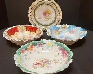 Five Piece of Beautiful China Dishes includes one plate and three bowls all with different lovely patterns.
One bowl is hallmarked by Saxe Altenburg (Germany). The rest of the pieces appear to be unmarked RS Prussia.
Items in vintage condition with some wear which may include paint loss.