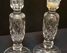 Pair of Galway Crystal Candle Holders in good/used condition with some wax residue. Measuring about 8.5”