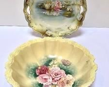 Two Antique RS Prussia China Items including a lovely plate and bowl.
Items in vintage condition and may have slight paint/color loss. The bowl measures about 10" x 2"