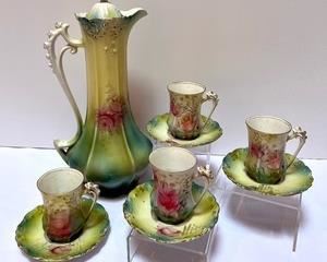 Beautiful Floral Design Antique Chocolate Set. In vintage condition with some slight paint loss. The pitcher measures about 12”