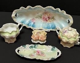 Five Pieces of Beautiful Dishes including RS Prussia. All in good/vintage condition with some normal vintage wear including some wear to the paint details. The largest oval platter measures 12" x 5.5"