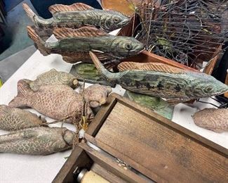 Decorative Fish on Stringer & Three Wooden ones on Stands