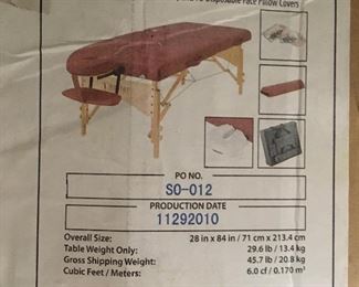 Brand new Master Geneva massage table, in box never opened. Comes with warming pad and 2 sheet sets.