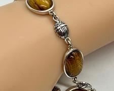 Sterling and Tiger's Eye Scarab Bracelet - 7" in length
