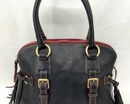 Dooney & Bourke Navy Florentine Leather Domes Buckle Satchel with Dust Bag that measures 13x5.5x10 inches. Terrific tassel accents!