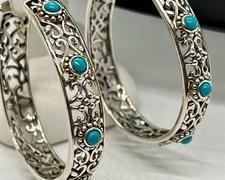 Gorgeous Pair of Sterling and Turquoise Hoop Earrings -nice larger size measuring about 1.75" each. Looks to be by Carolyn Pollack.