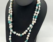 Freshwater Pearl and Turquoise Beaded Necklace - measuring 38"