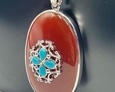 Sterling, Sardonyx and Turquoise Necklace by Finora. The lovely pendant measures 2" and the chain measures 18"