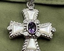 Judith Ripka Stering, Mother of Pearl and Amethyst Pendant measuring about 1.25"