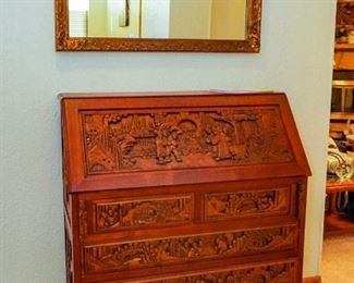 Carved Chinese drop front desk