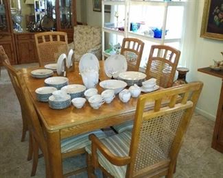 Stanley Wood with Cane Back Chairs Large Dining Table Set