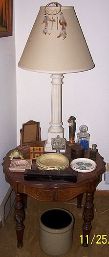 Lamp table, marble lamp, Roseville pottery