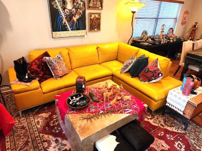 !!!SOLD!!!  Yellow leather sectional from Copenhagen Imports, aka The Wallowing Couch