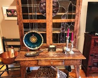 A custom designed Primitive china cabinet with stained glass doors