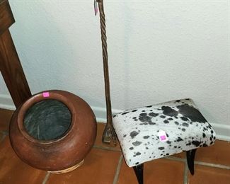 Tarahumara pot and hide and horn foot stool