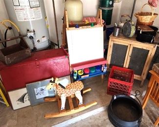 Vintage red chuck box, rustic pine chicken coop, etc.
