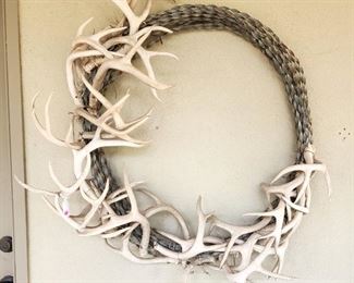 Antique barbed-wire and deer antler wreath