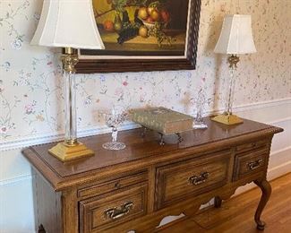 Lovely Thomasville Queen Anne Sideboard 
Vintage Vaughan Design Reeded Glass Corinthian Column Table Lamps
