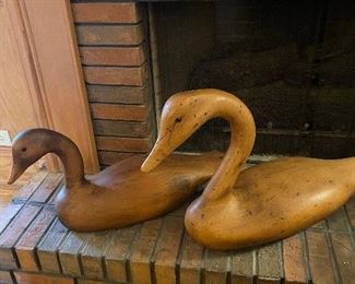 Vintage Large Hand Carved Wooden Swan (Pair)