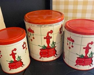 Vintage Kitchen Red Tin Canister Set