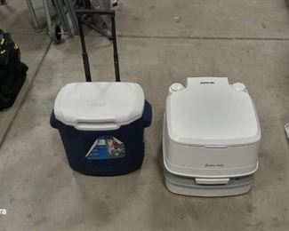 Thetford Porta Potti (has deodorizer in it) and 16qt Coleman Rolling Cooler