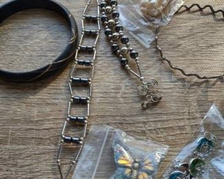 Jewelry Set - Hematite gemstones, shell, pearl butterfly pin