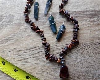 Tigers Eye Necklace / Moss Agate Crystal Points - Gemstone