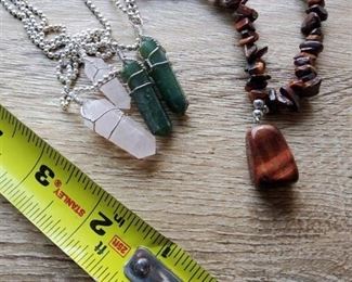 Tigers Eye Necklace + 2 Rose Quartz and 2 Moss Agate Crystal Points