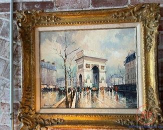 Original Oil on Canvas Paris Street Scene in Ornate Gold Gilt Frame