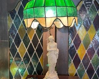 Figural Nude Lamp with Stained Glass Lamp Shade