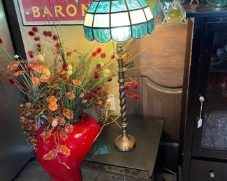 Brass Candlestick Lamp with Stained Glass Lamp Shade