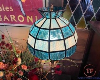 Brass Candlestick Lamp with Stained Glass Lamp Shade