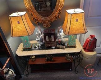 CHINESE QING PORCELAIN-Unmatched Pair Turquoise-Ground Famille Rose Pillows Converted to Lamps