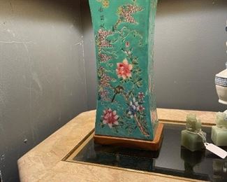 CHINESE QING PORCELAIN-Unmatched Pair Turquoise-Ground Famille Rose Pillows Converted to Lamps