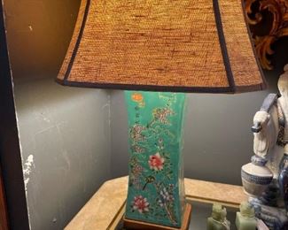 CHINESE QING PORCELAIN-Unmatched Pair Turquoise-Ground Famille Rose Pillows Converted to Lamps