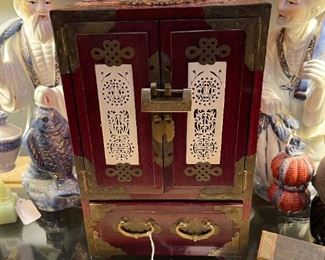 Chinese Mahogany Jewelry Box with Ivory Inlay and Brass Accents