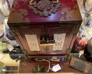 Chinese Mahogany Jewelry Box with Ivory Inlay and Brass Accents