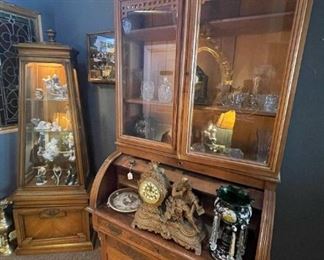 Antique Burlwood Roll Top Display Cabinet