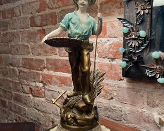 Antique L & F MOREAU Figural Farmer Table Lamp