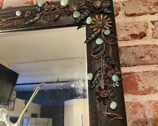 Custom Made Wood Frame Mirror with Floral Jewels