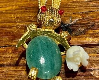 Green and White Jade Sterling Rabbit Brooch with Ruby Eyes