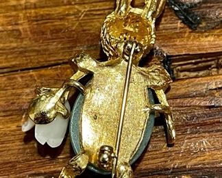 Green and White Jade Sterling Rabbit Brooch with Ruby Eyes