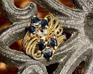 14K Gold Diamond and Sapphire Cocktail Ring
