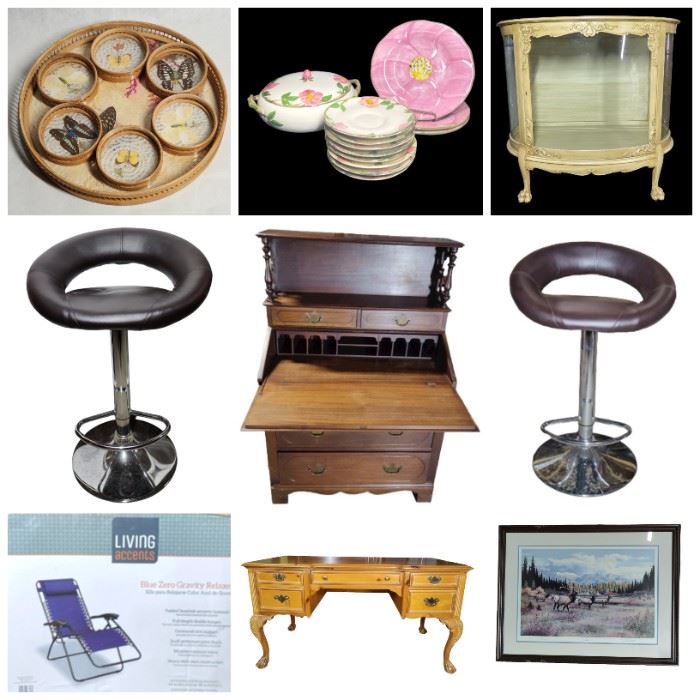 Jasper Secretary Desk, Vinyl Records, French Provincial Demilune Cabinet, Sansui Stereo Amplifier, Franciscan Desert Rose Dinnerware, Musical Instruments, Christmas Decor, Handbags, Women’s Boots, Dining Table, Kenmore Washer & Dryer, Vintage Dolls, Massage Table, Waterford Glasses, Wooden Queen Anne Desk & More!