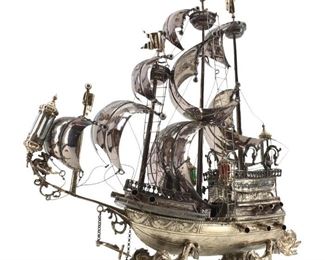 Vintage 800 Silver German Galleon Wine Trolley