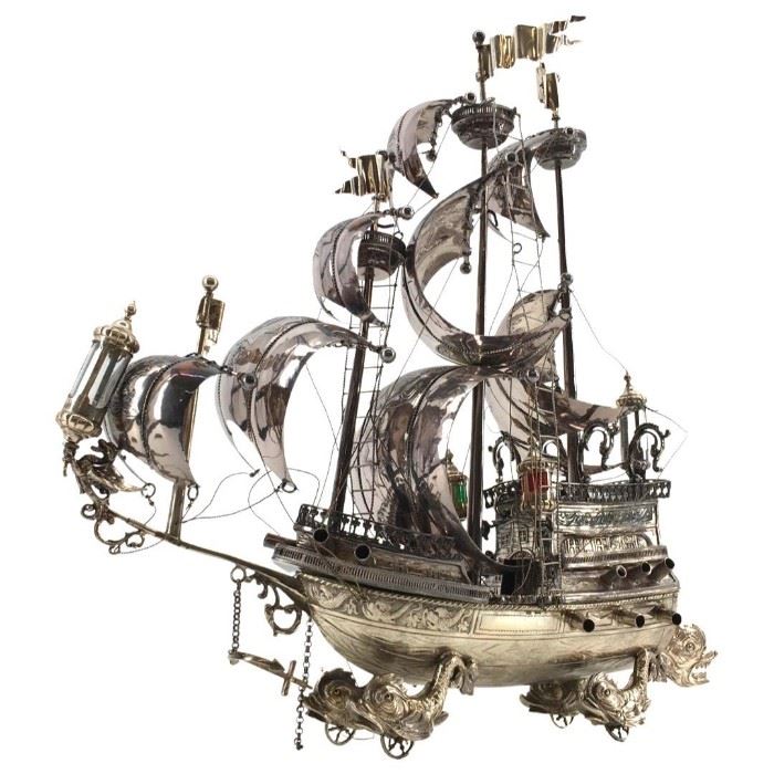 Vintage 800 Silver German Galleon Wine Trolley