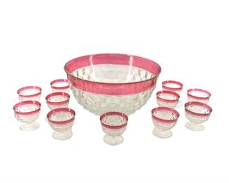12pc. Cranberry Glass Rimmed Punch Bowl/Cups