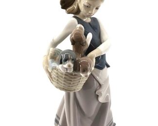 Lladro Girl With a Puppy Basket Sculpture
