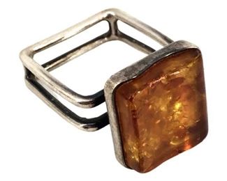 Vintage Sterling Estate Square Amber Ring 12g