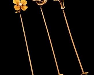 3pc. Vintage 10K Gold/Precious Stone Inlaid Pins